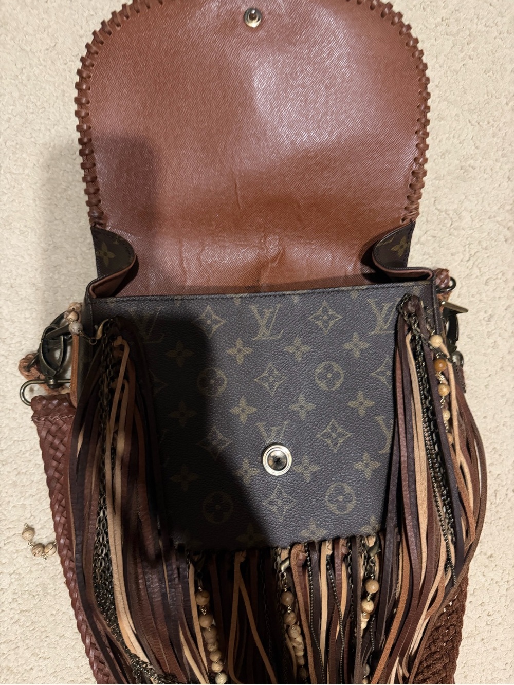 Louis Vuitton Brown Monogram Fringe Crossbody with Blue Stone Accent - Picture 4 of 5
